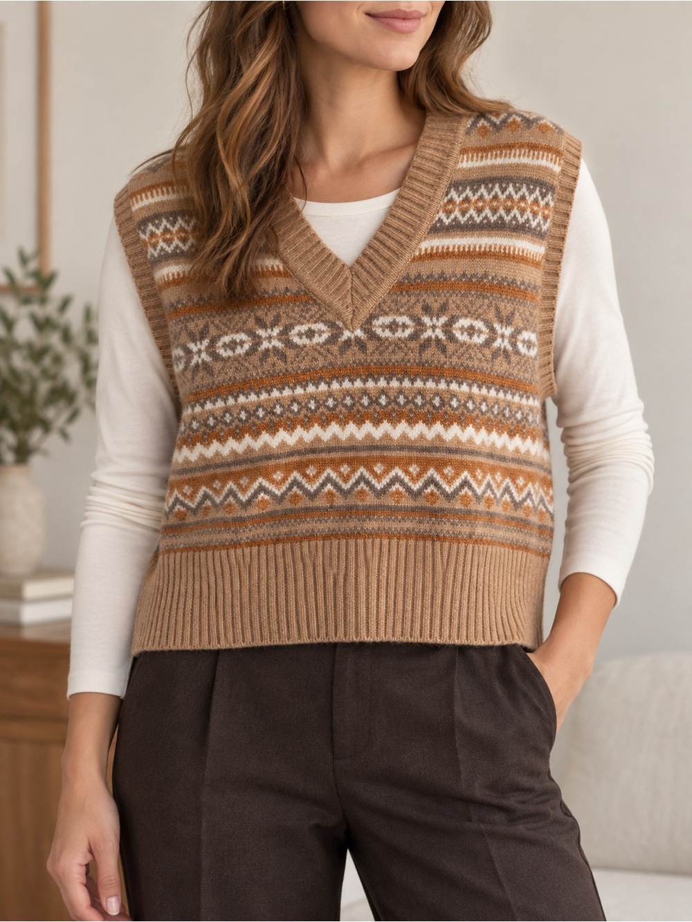 Jessica Simpson Camel Fair Isle V-Neck Sweater Vest